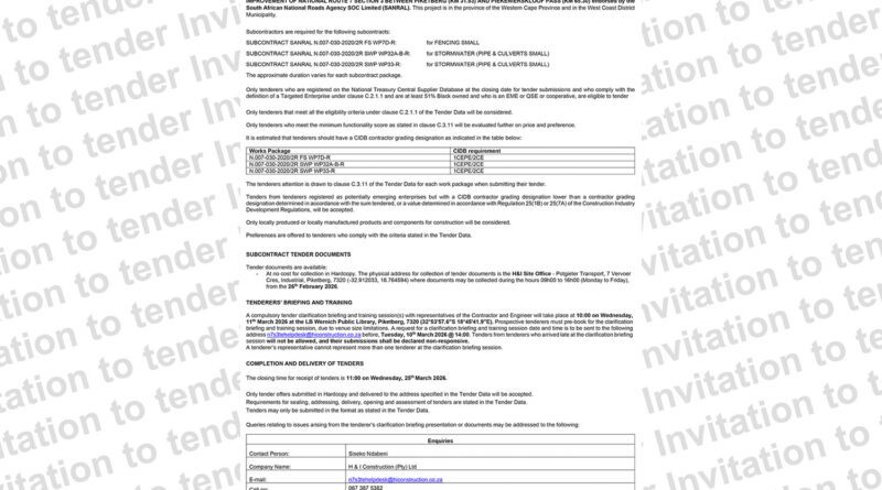 H&I CONSTRUCTION (PTY) LTD invites tenderers