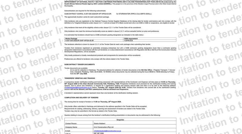 H&I CONSTRUCTION (PTY) LTD invites tenderers