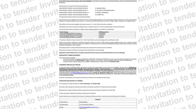 H&I CONSTRUCTION (PTY) LTD invites tenderers